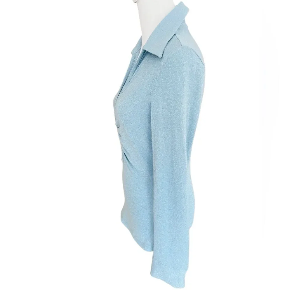 NWOT ZARA Sparkle Ruched Button Front Cutout Long Sleeve Blouse Light Blue Sz S